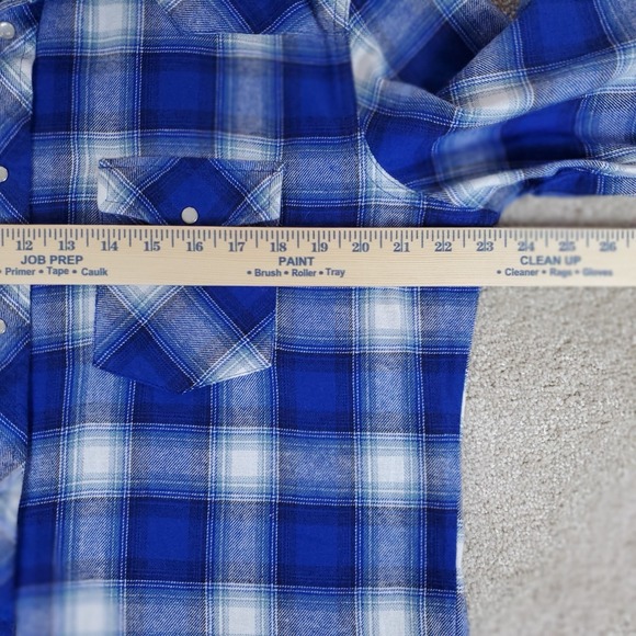 Wrangler Wrancher Men's Flannel Shirt Blue Plaid Long Sleeve Size L Pearl Snaps - Picture 6 of 16